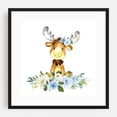 thumbnail image 1 of Moose, Woodland Animals, Forest Animals, Boho, Blue Flowers, Boy Nursery - Illustration Watercolor Animal Floral Whimsical Black Framed Wall Art Print 10 x 10 inches, 1 of 3