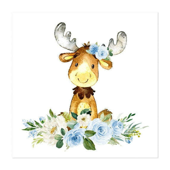 Moose, Woodland Animals, Forest Animals, Boho, Blue Flowers, Boy Nursery - Illustration Watercolor Animal Floral Whimsical Unframed Wall Art Print 18 x 18 inches