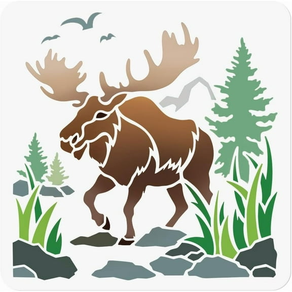 Moose in The Woods Wall Stencil 11.8x11.8 Inch Reusable Outdoor Stencil for Painting on Wood Floor Wall and FabricPine Tree Stencil Stencil Signs for DIY Craft Painting Colorful