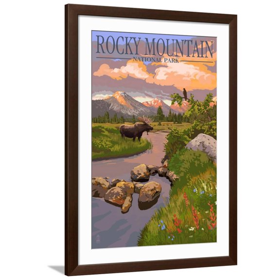 Art.com Moose and Meadow - Rocky Mountain National Park Art Print by Lantern Press, Brown Frame Wall Art, 32" x 44"