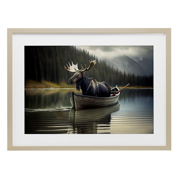 Moose in Canoe Tranquility Birch Framed Print Under Glass, design by Sasha