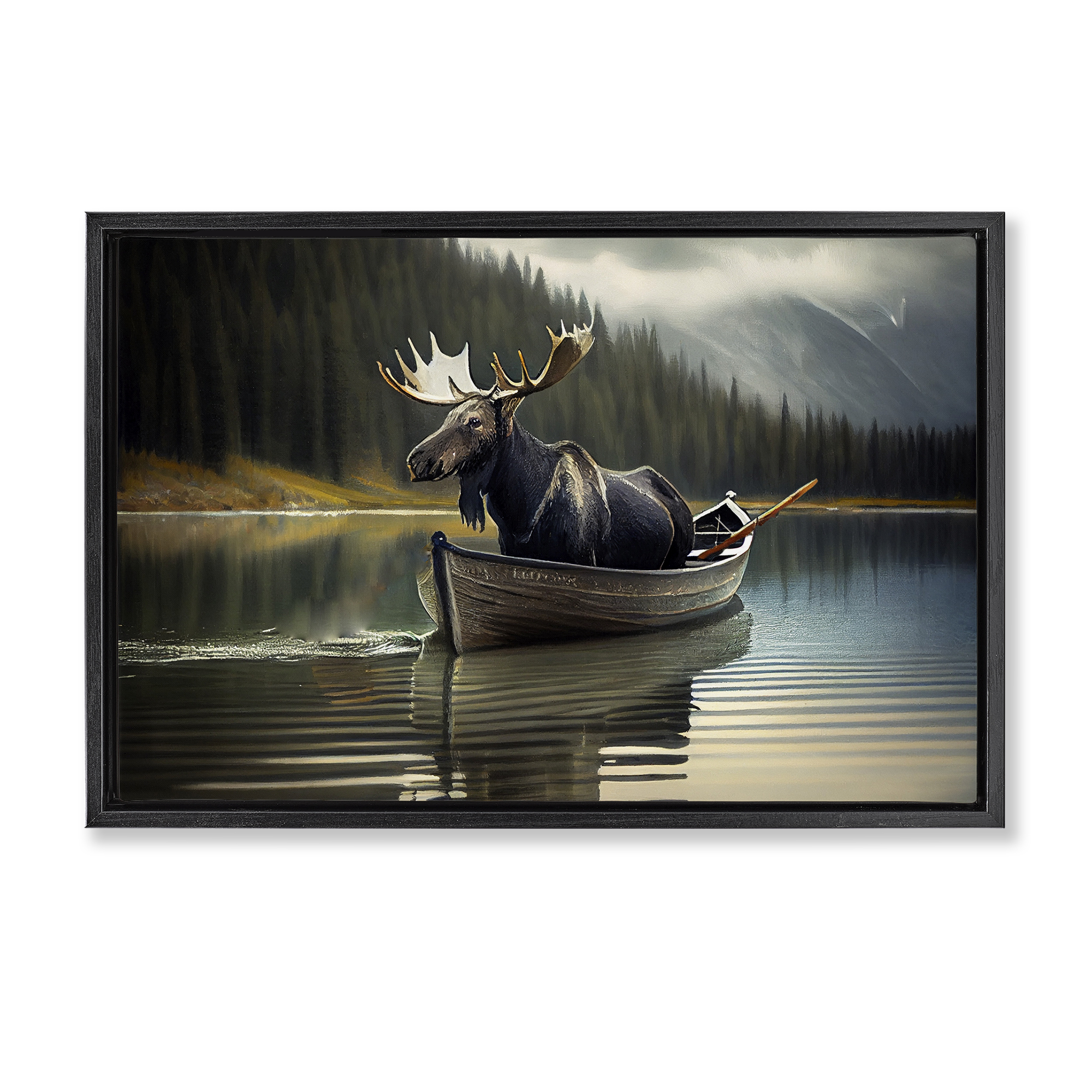 Moose in Canoe Tranquility Black Framed Floater Canvas Wall Art, design by Sasha
