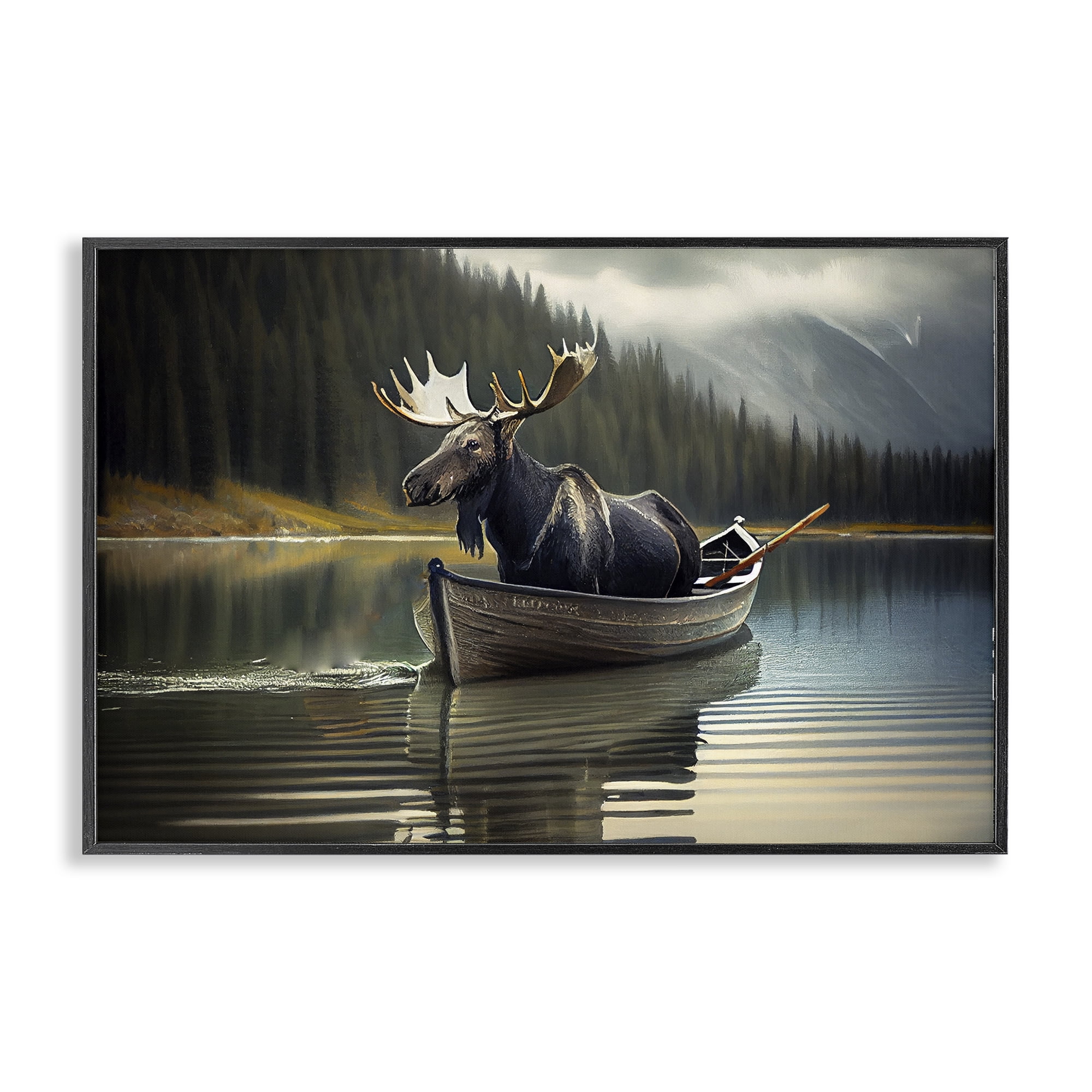 Moose in Canoe Tranquility Black Framed Giclee Art, design by Sasha