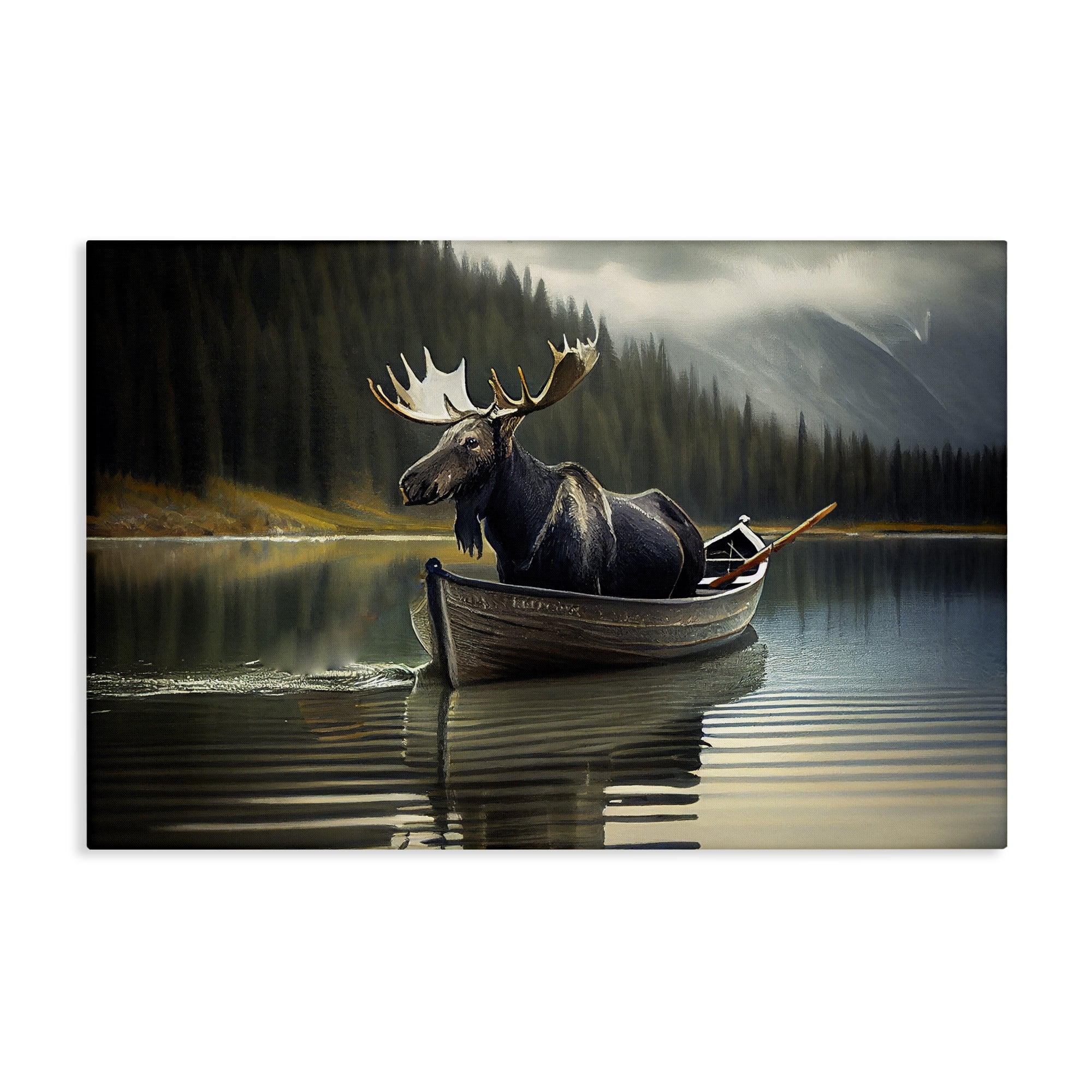 Moose in Canoe Tranquility Canvas Wall Art, design by Sasha
