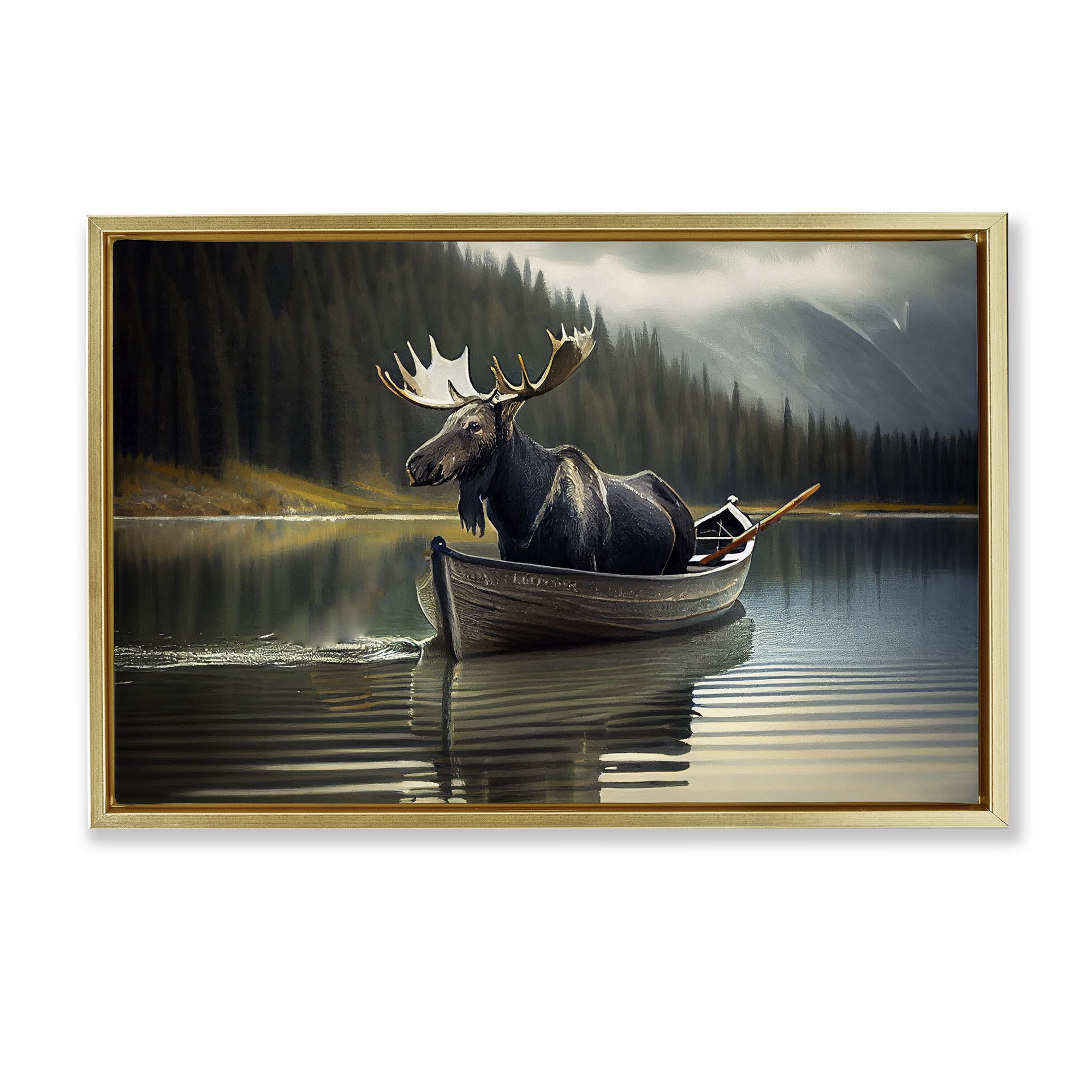 Moose in Canoe Tranquility Gold Framed Floater Canvas Wall Art, design by Sasha