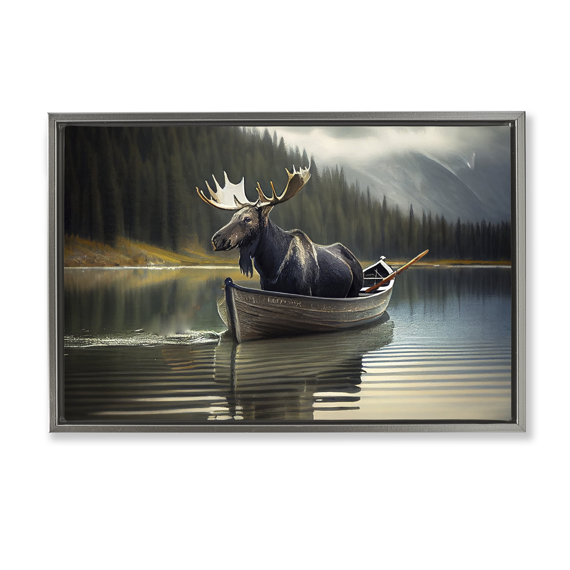Moose in Canoe Tranquility Gray Framed Floater Canvas Wall Art, design by Sasha