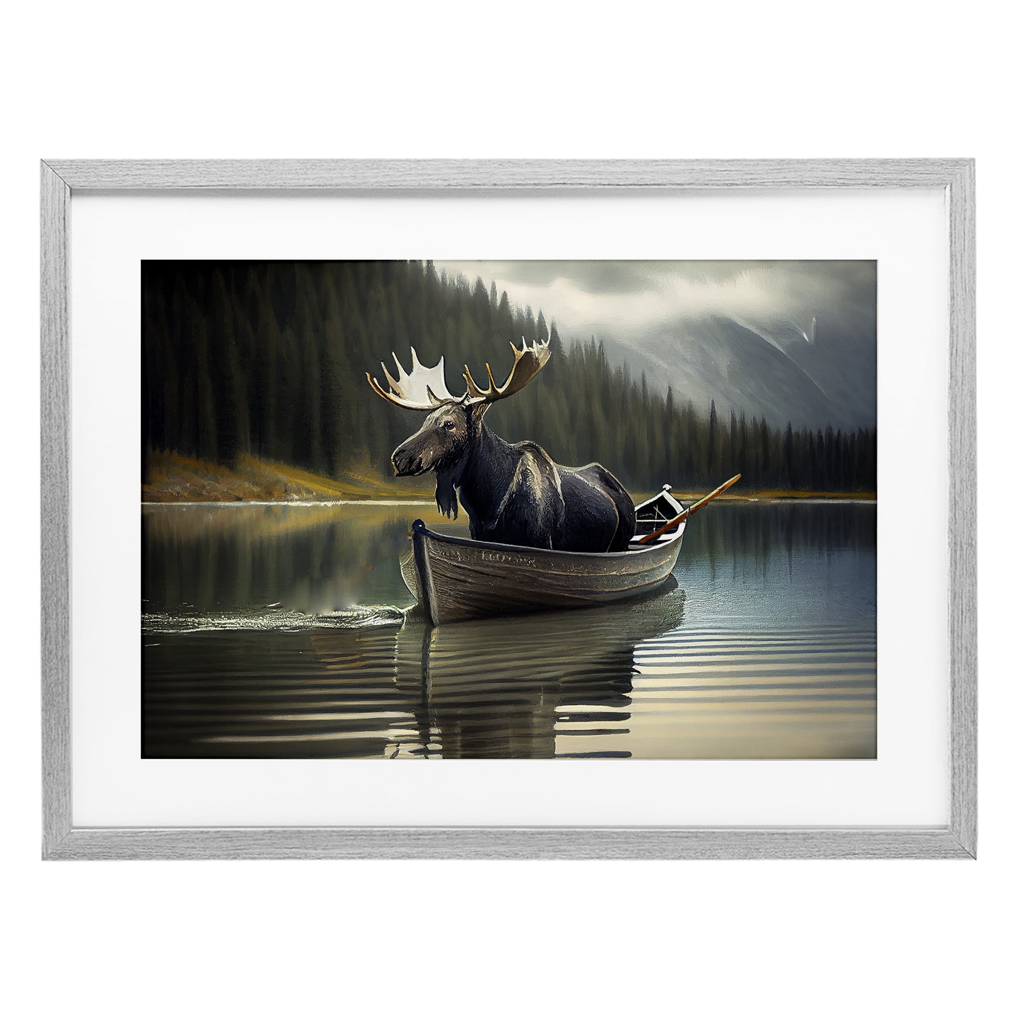 Moose in Canoe Tranquility Gray Framed Print Under Glass, design by Sasha