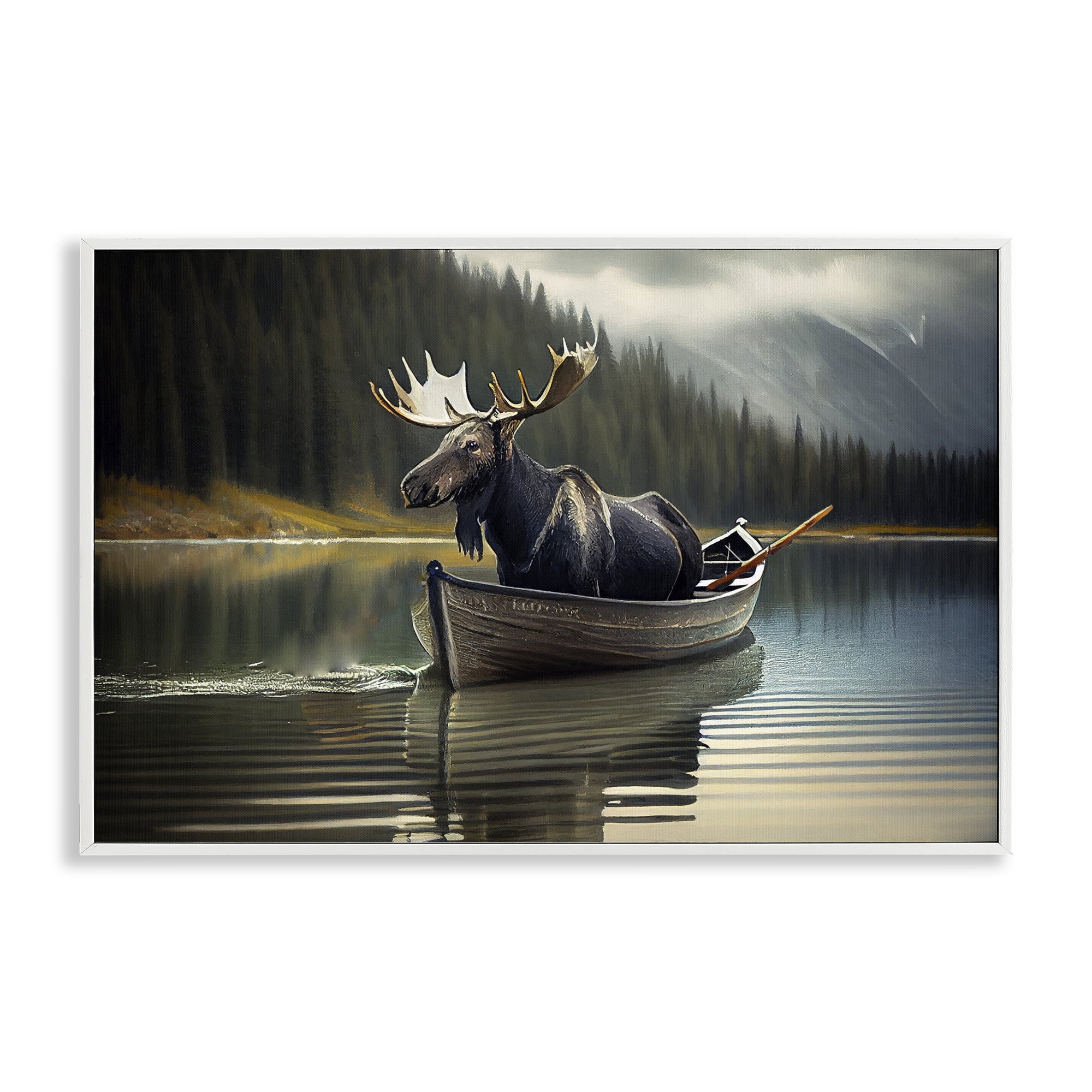 Moose in Canoe Tranquility White Framed Giclee Art, design by Sasha