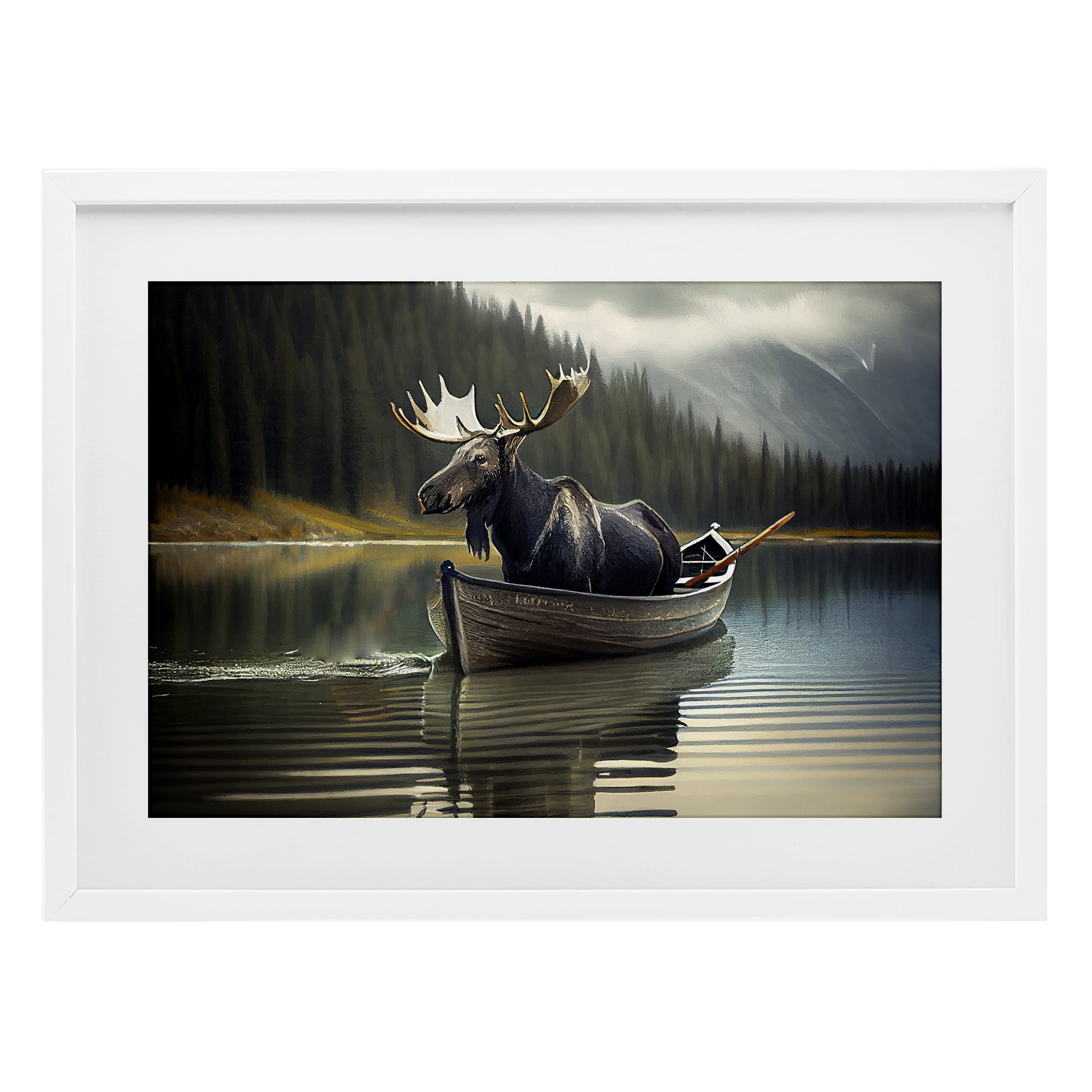 Moose in Canoe Tranquility White Framed Print Under Glass, design by Sasha