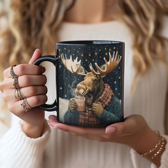 Moose in Winter Flannel Hot Chocolate Scene, Christmas Cup Gift, Holiday Kitchen Decor, Animal Lover Mug, Christmas Moose, winter moose