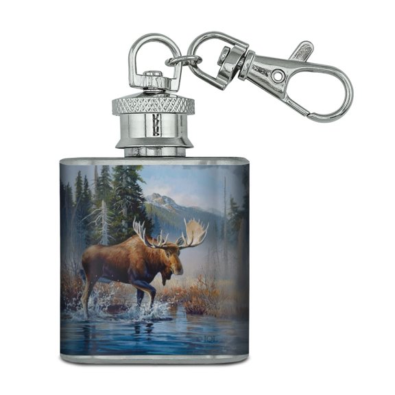 Moose in the River Forest Woods Wilderness Stainless Steel 1oz Mini Flask Key Chain