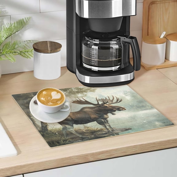 Moose on Misty Lake Dish Drying Mat 12"x18" Kitchen Counter Dish Pad Microfiber Absorbent Drainer Rack for Coffee Bar