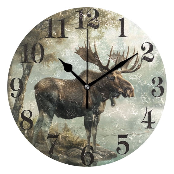 Moose on Misty Lake Round Wall Clock Battery Operated Silent Non-Ticking Bedroom Office Kitchen Home School Decor 10"(Black)