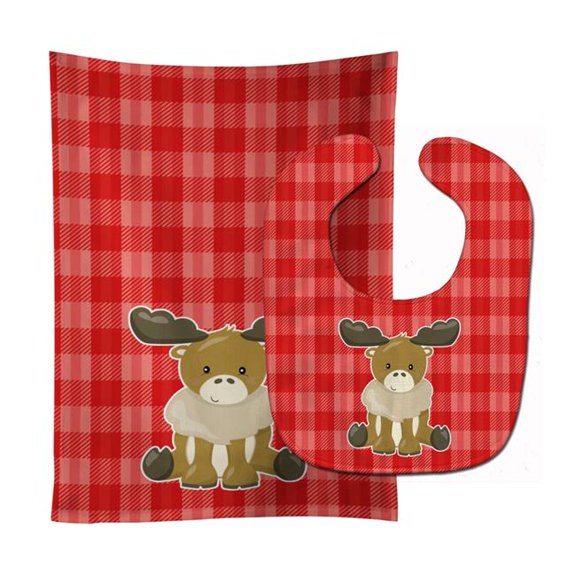 Moose on Red Plaid Baby Bib & Burp Cloth