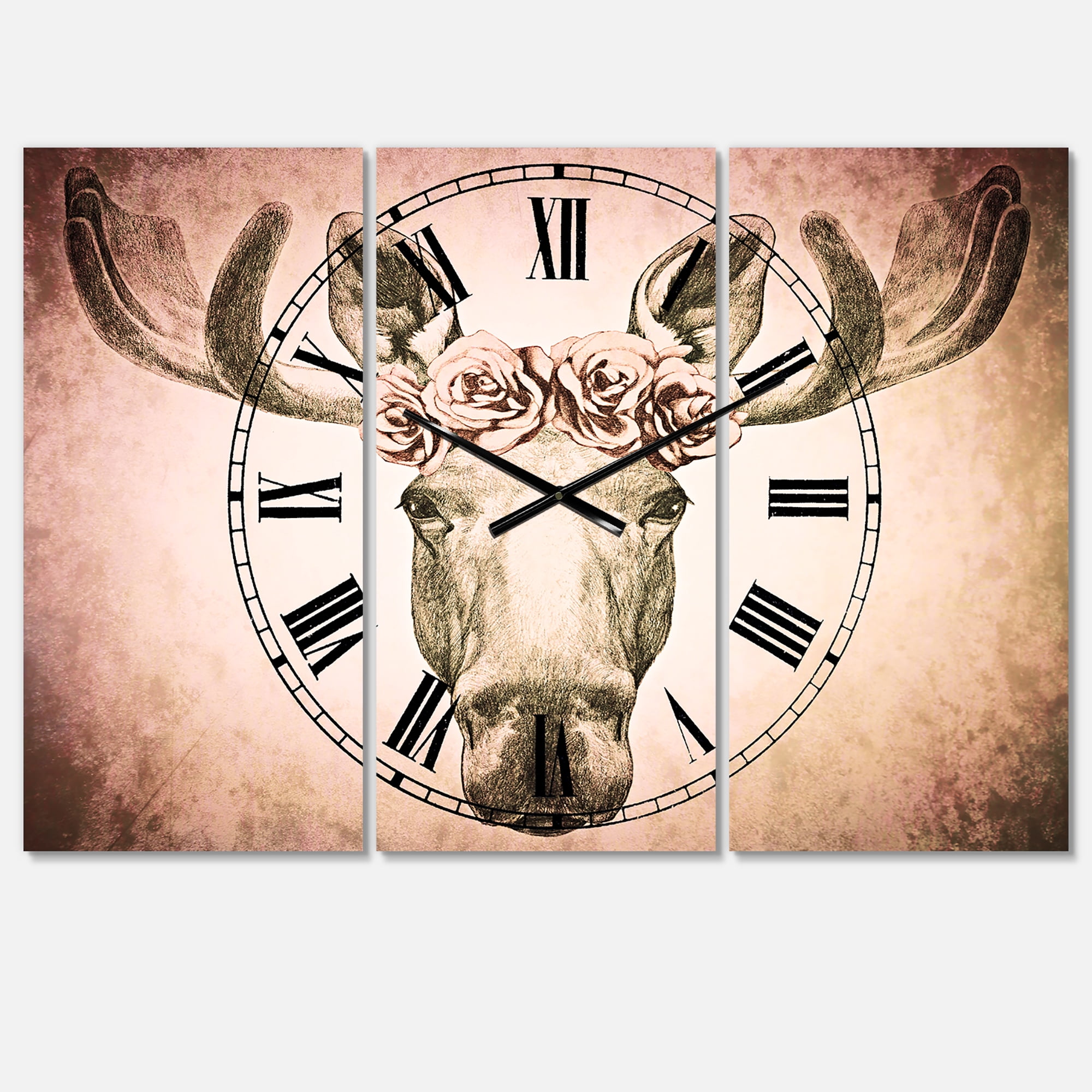 Moose with Floral Head Wreath' Cottage 3 Panels Oversized Metal Clock