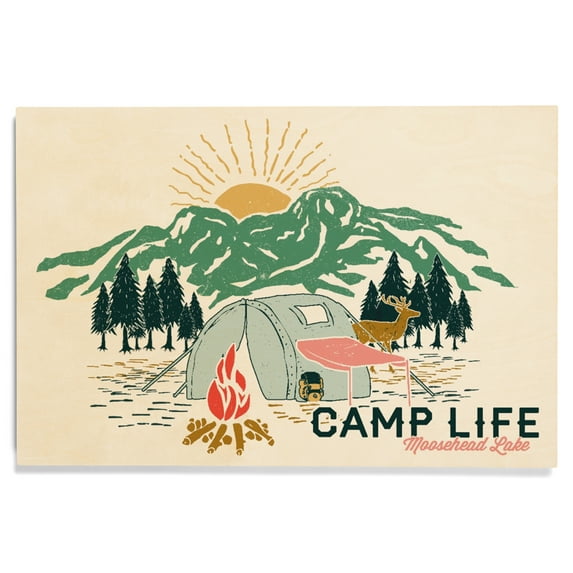 Moosehead Lake, Let's Go Camping, Camping Scene Birch Wood Wall Sign (12x18 Rustic Home Decor, Ready to Hang Art)