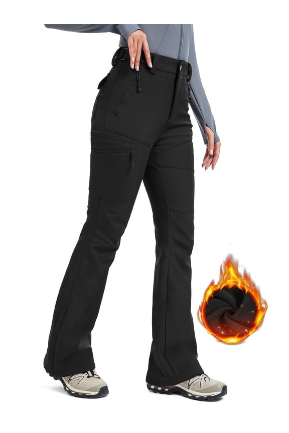 Women's Snow Pants Fleece Lined Waterproof with Adjustable Waistband for Ski Winter Hiking Black S