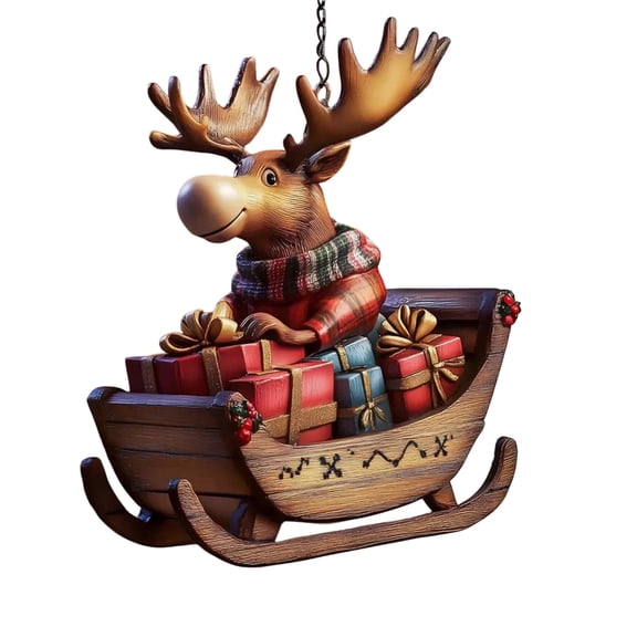 Mooses Loaded Sled Ornament, 3.14"Festive Winter Scene with Santa's Reindeer, Classic Holiday Tree Decoration