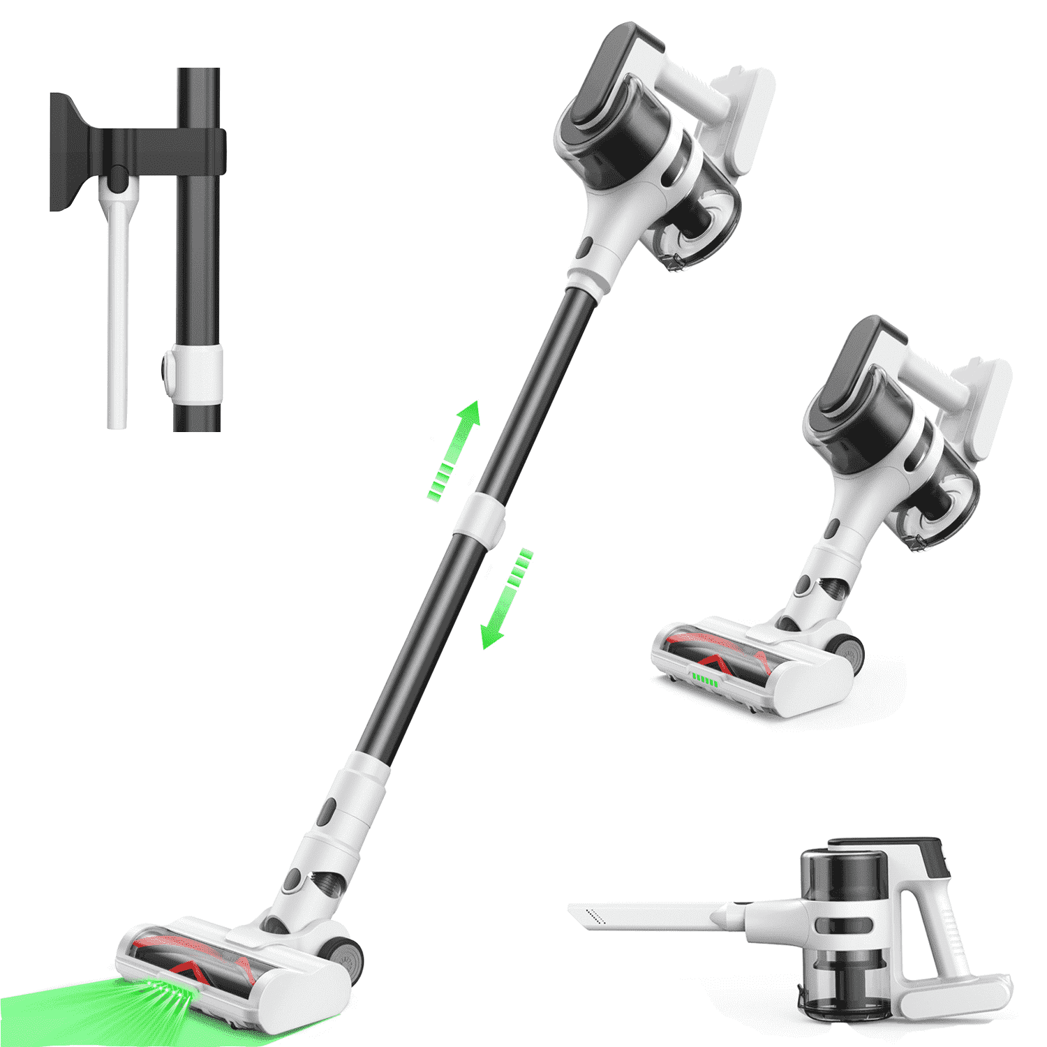 Moosoo Cordless Stick Vacuum Cleaner with Brushless Motor 55 mins max runtime Cordless Vacuum with 6 LED Green Headlights Strong Suction