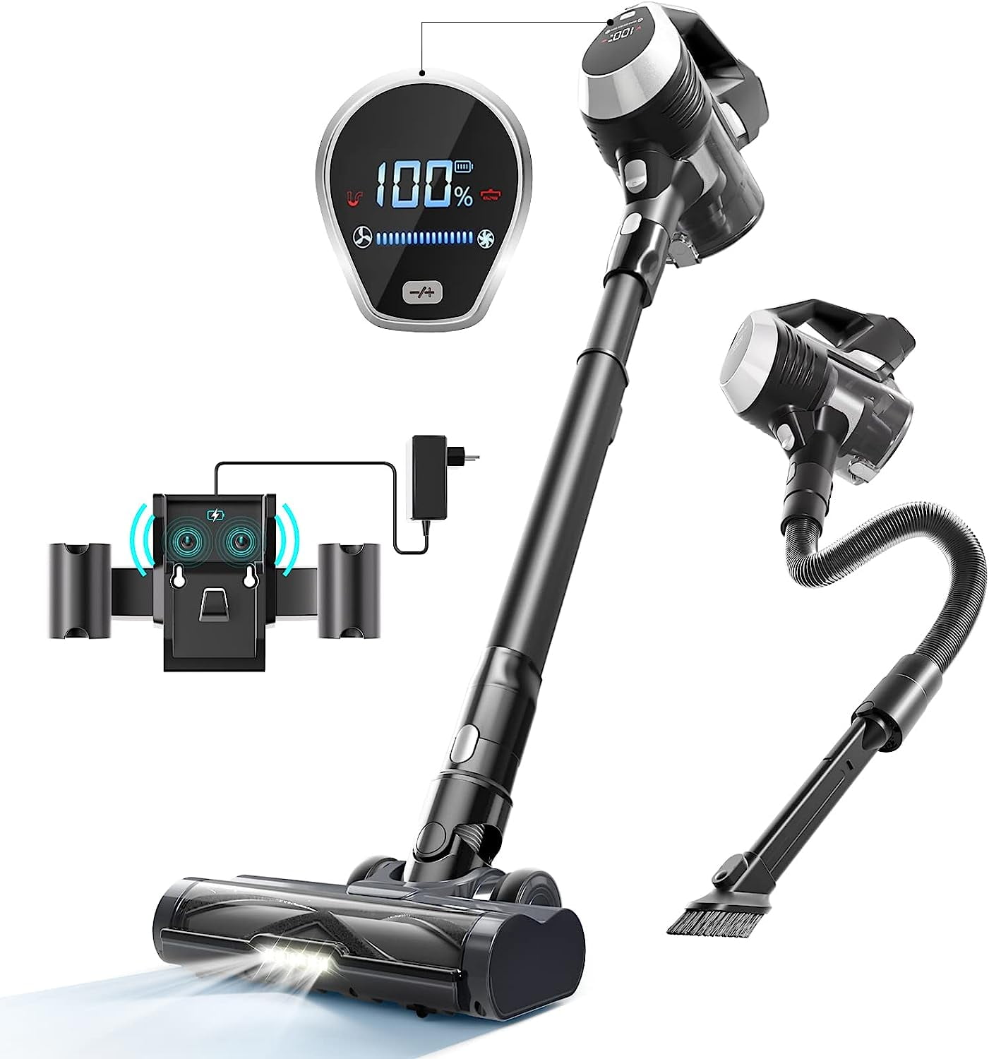 Moosoo Stick Vacuum With LED Display, 8in1 Stick Vacuum Cleaner with AntiTangle Brush