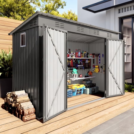 Mootloxy 4x9FT Metal Lean To Shed with Window & Lockable Doors, Outdoor Storage Shed for Backyard Garden (Gray)