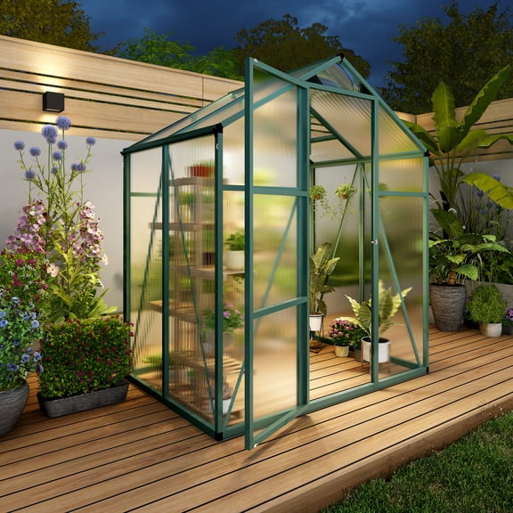 Mootloxy 6x4FT Extra-Height Version Polycarbonate Greenhouse, Outdoor Greenhouse with Aluminum Frame for Backyard, Green