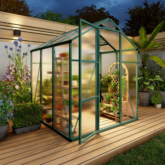 Mootloxy 6x6FT Extra-Height Version Polycarbonate Greenhouse, Outdoor Greenhouse with Aluminum Frame for Backyard, Green