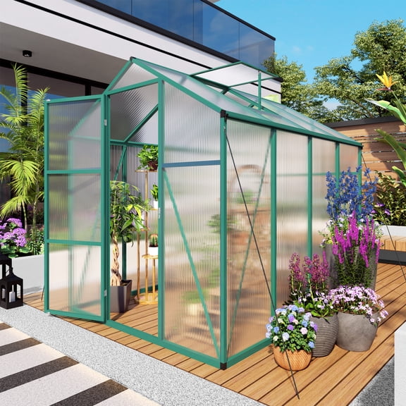 Mootloxy 6x8FT Extra-Height Version Polycarbonate Greenhouse, Outdoor Greenhouse with Aluminum Frame for Backyard, Green