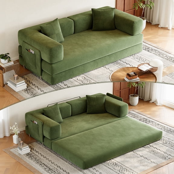 Mootloxy 79” Boneless Couch, Convertible Futon Sofa Bed with Side Pockets for Living Room, Bedroom & Small Space, Green
