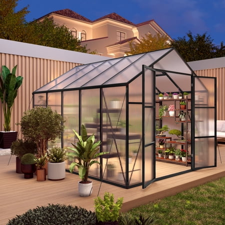 Mootloxy 8x10FT Extra-Height Version Polycarbonate Greenhouse, Large Walk-in Greenhouse with Aluminum Frame for Backyard, Black