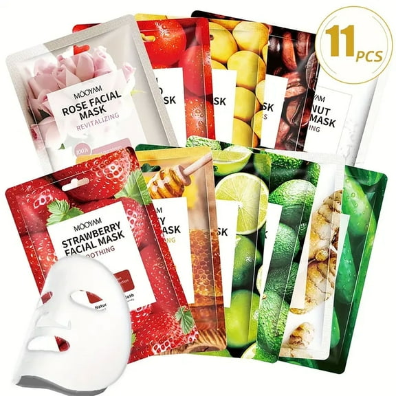 Mooyam 11 Pack Fruit Moisturizing Facial Mask Sheet, Rich in Fruit Essence Face Mask to Brighten and Hydrate Dull Skin