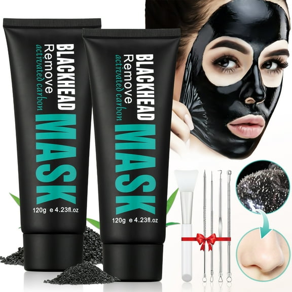 Mooyam 2 Pack Blackhead Remover Mask with Brush and Pimple Extractors, Activated Charcoal Peel-off Mask, Facial Mask Purifying and Deep Cleansing for All Skin Types, 8.46 floz