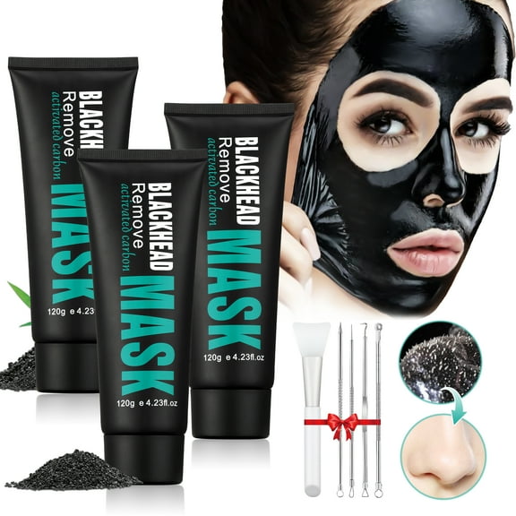 Mooyam 3 Pack Blackhead Remover Mask with Brush and Pimple Extractors, Activated Charcoal Peel-off Mask, Facial Mask Purifying and Deep Cleansing for All Skin Types, 12.69 floz