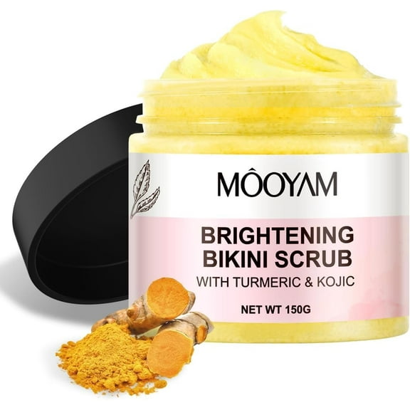 Mooyam Brightening Bikini Body Scrub with Turmeric Exfoliating Moisturizing & Glowing Scrub for Bikini Area, Even Skin Tone, 5.29 oz
