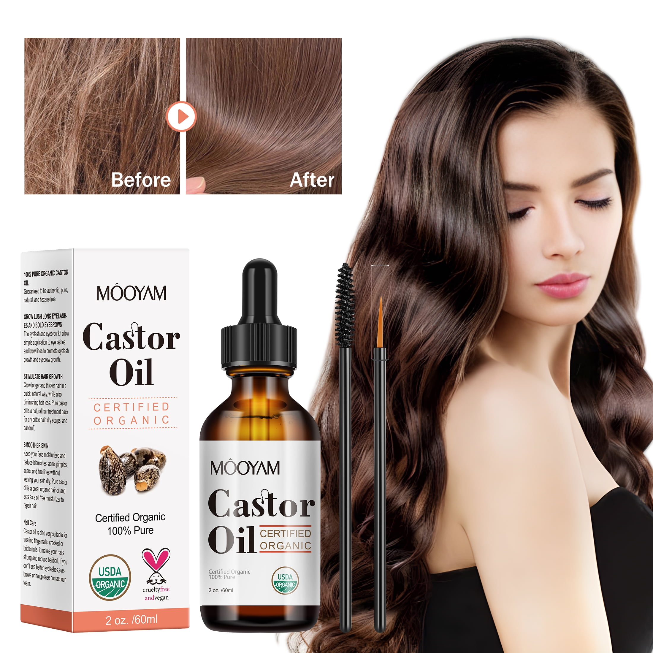 Mooyam Natural Castor Oil, 2 oz with Eyelash Kit, Extra Strength Cold Pressed Castor Oil for Eyelashes, Eyebrows, Hair & Skin