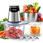 Mooye 400W Food Processor & Electric Food Chopper, 3 Bowls 8-Cup + 8-Cup + 3-Cup, Meat Grinder, 2 Speeds, 3 Blade Sets, Stainless Steel & Glass