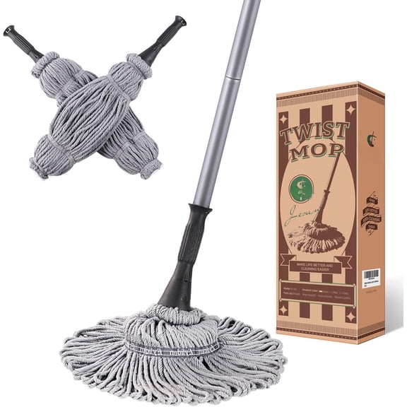 Mop with 2 Heads, Easy Wringing Twist Mop, with 57.5 inch Long Handle, Wet Mops for Floor Cleaning, Commercial Household Clean Hardwood, Vinyl, Tile, and (Grey)