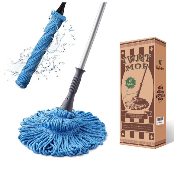 Mop with 2 Reusable Microfiber Heads, Easy Wringing Twist Mop, 57.5 inch Long Handle, Wet Mops for Floor Cleaning, Commercial Household Clean Hardwood, Vinyl, Tile, and More (Blue)