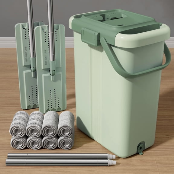 Mop And Bucket Set For Household Commercial Cleaning  Flat System With 2 Mops 8 Large Microfiber Pads Floors Walls