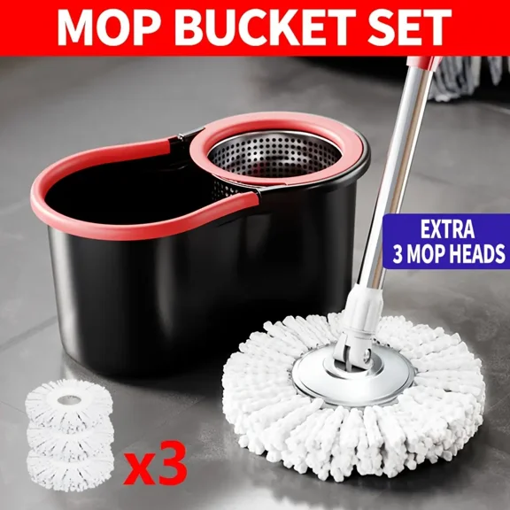 Mop And Bucket Set with 360 Rotatable Mop 3 Microfiber Heads 61-Inch Adjustable Handle Efficient Easy Home Cleaning Supplies