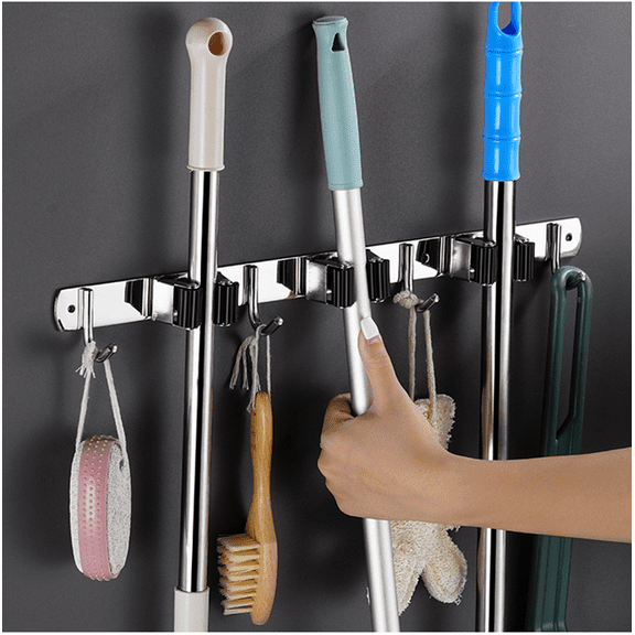 Mop and Broom Holder Wall Mount,16" Installation Heavy Duty Broom Mop Hanger Organizer,Stainless Steel Tools Hanger for Home, Kitchen,Closet,Garden,Garage, Laundry (3 Racks 4 Hooks)-Black