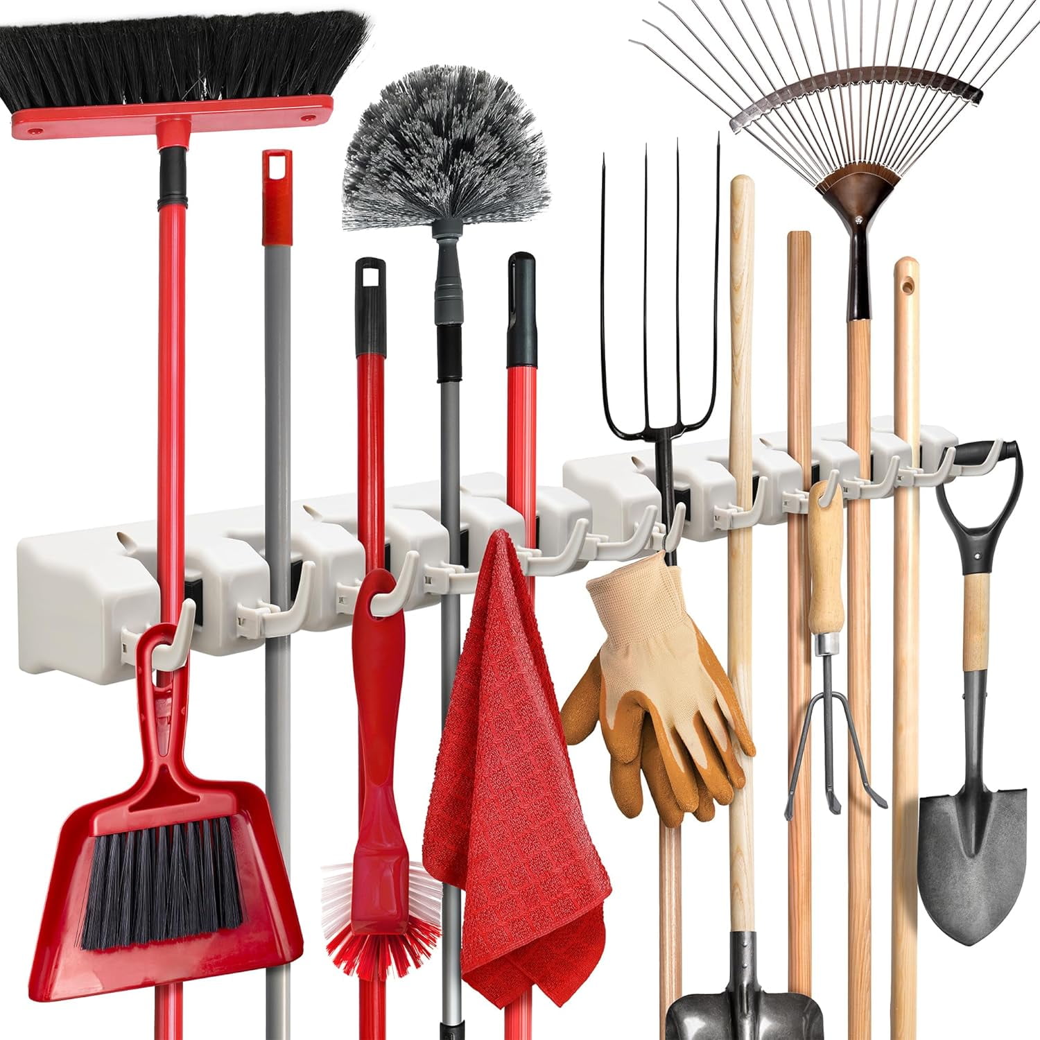 Wall Mount Utility Organizer Rack 5 Position Mop and Broom Holder with 6 Hooks Garage Storage for Up to 11 Tools Walmart