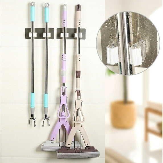 Mop Broom Holder Wall Mount with 2 Slots & 2 Hooks Wood Broom Mop Hanger for Pantry Closet Laundry Room Organization Laundry Room Organization and Storage Broom Organizer Wall Mount-Kitchen Decor