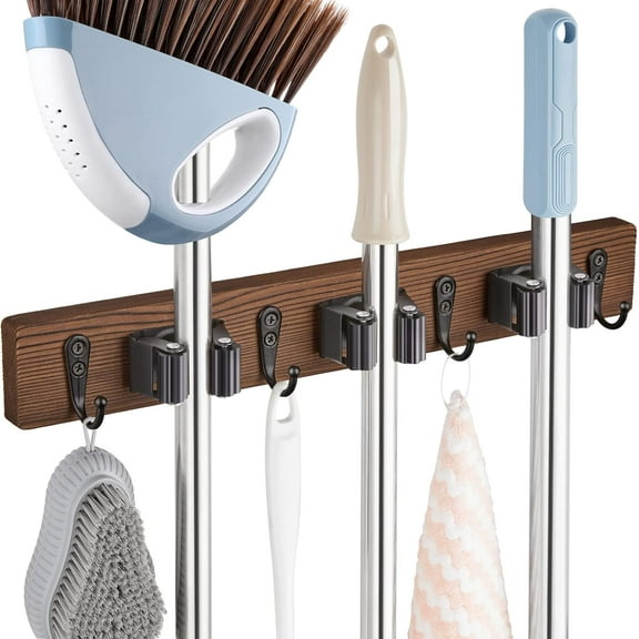 Wall Mount Mop Broom Holder with 3 Slots & 4 Hooks for Kitchen Pantry Closet Laundry Room Organization – Rustic Farmhouse Tool Storage