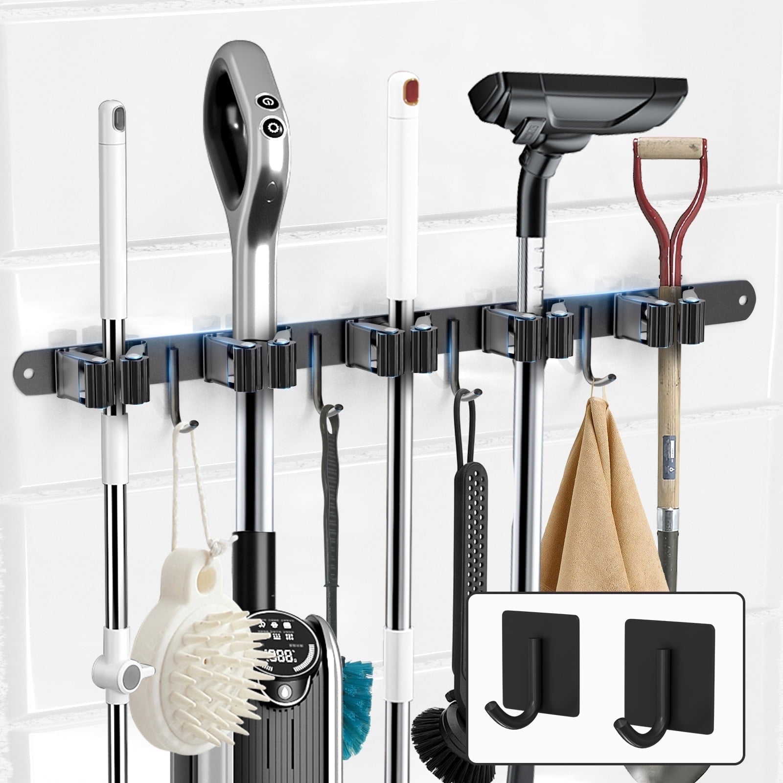 Mop and Broom Holder Wall Mount with 5 Racks and 4 Hooks, Heavy Duty Self-Adhesive Organizer for Kitchen, Laundry, Garage, Garden Storage, Black – Includes 2 Extra Hooks