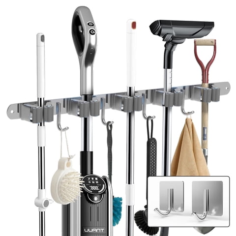 Mop and Broom Holder Wall Mount with 5 Racks and 4 Hooks, Heavy Duty Self-Adhesive Organizer for Kitchen, Laundry, Garage, Garden Storage, Silver – Includes 2 Extra Hooks