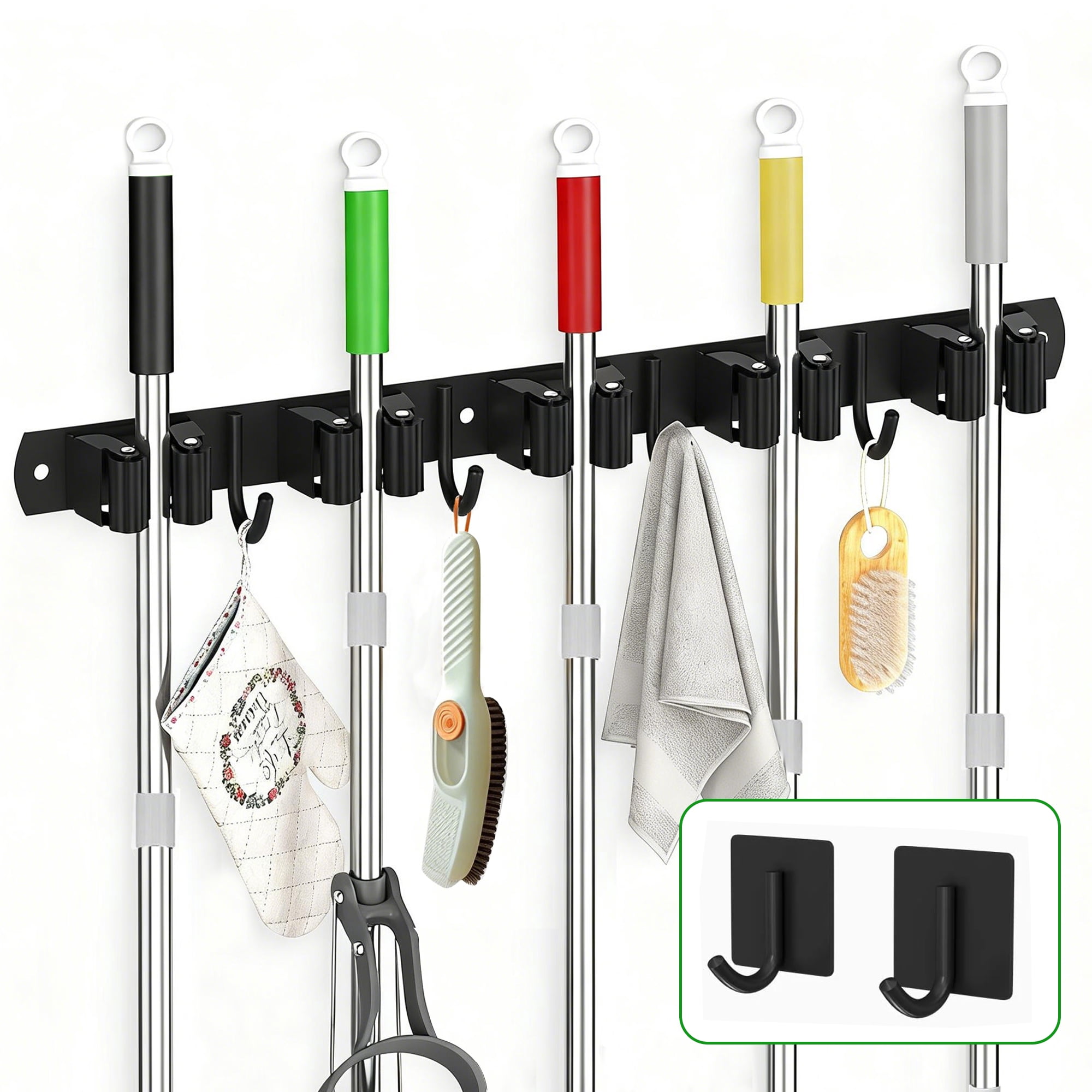 Wall Mount Mop and Broom Holder, 5 Racks 4 Hooks Heavy Duty Metal Cleaning Tool Organizer, Adhesive & Drillable Broom Mop Storage Rack for Laundry Bathroom Garage