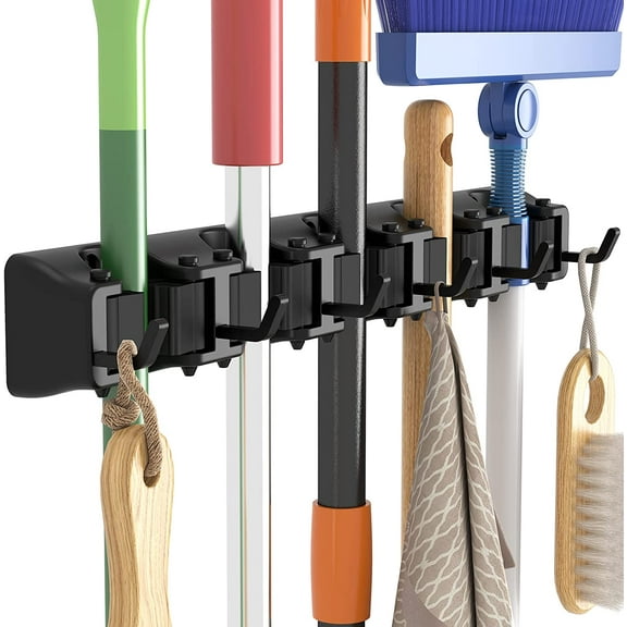 Mop and Broom Holder Wall Mount, Anti-Slip Hanger for Cleaning Supplies Organizer, Easy Install Tool Hanging Rack Closet, Kitchen, Garage, 5 Slot 6 Hooks, Hold 30lbs, Black, 1 Pack