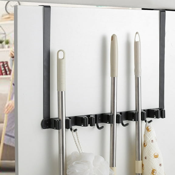EUWBSSR Mop and Broom Holder Wall Mount Over The Door Broom Holder with 2 Over Door Hooks Stainless Steel Mop Holder Utility Broom Gripper Drilling Free Mop Hanger for Home Bathroom