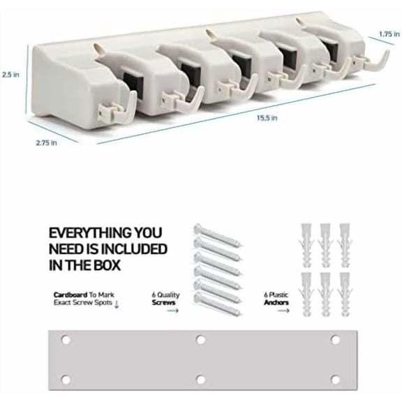 Mop And Broom Holder Wall Mount - Garage Storage Systems with 5 Slots, 6 Hooks, 7.5lbs Capacity Per Slot - Garden Tool Organizer For Home, Kitchen, Closet, Garage, Laundry Room - Off-White